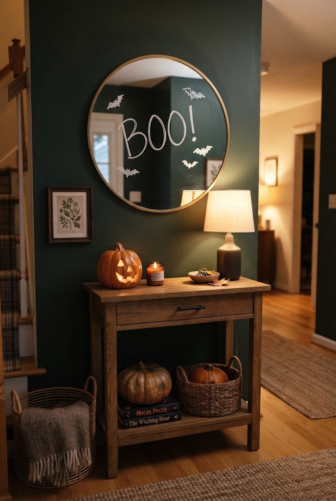 Entry mirror with Halloween message written in white window marker