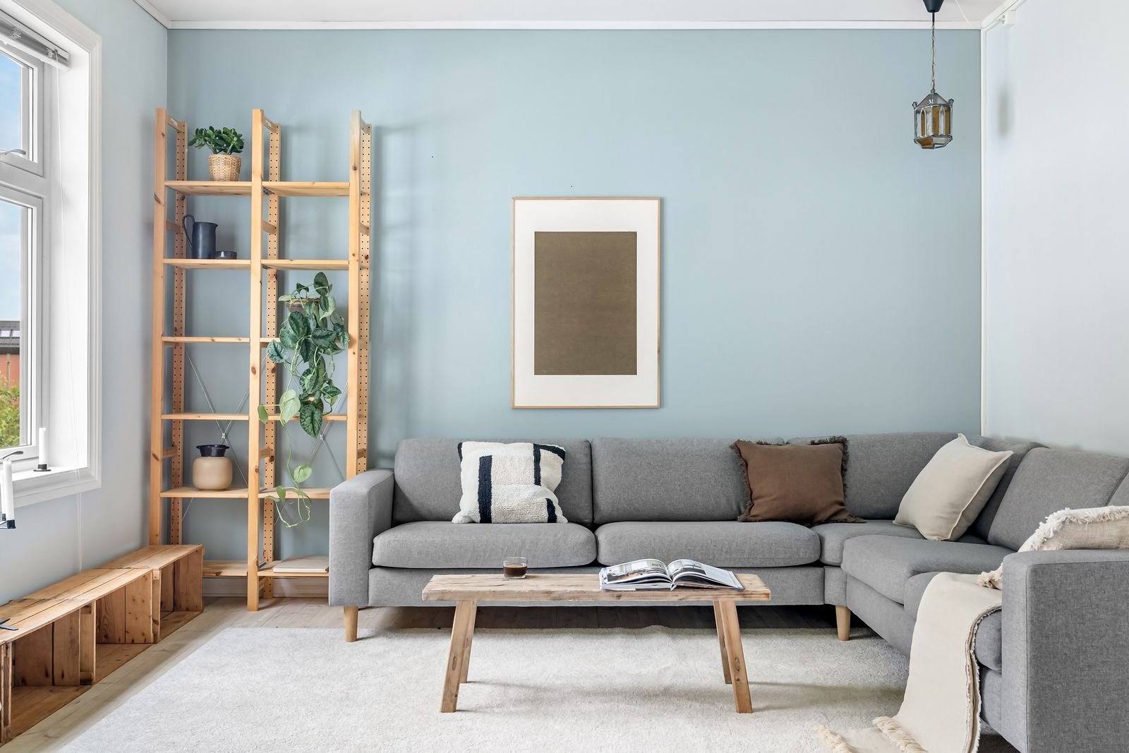 Apartment couch beside a plant ladder in a light blue living room