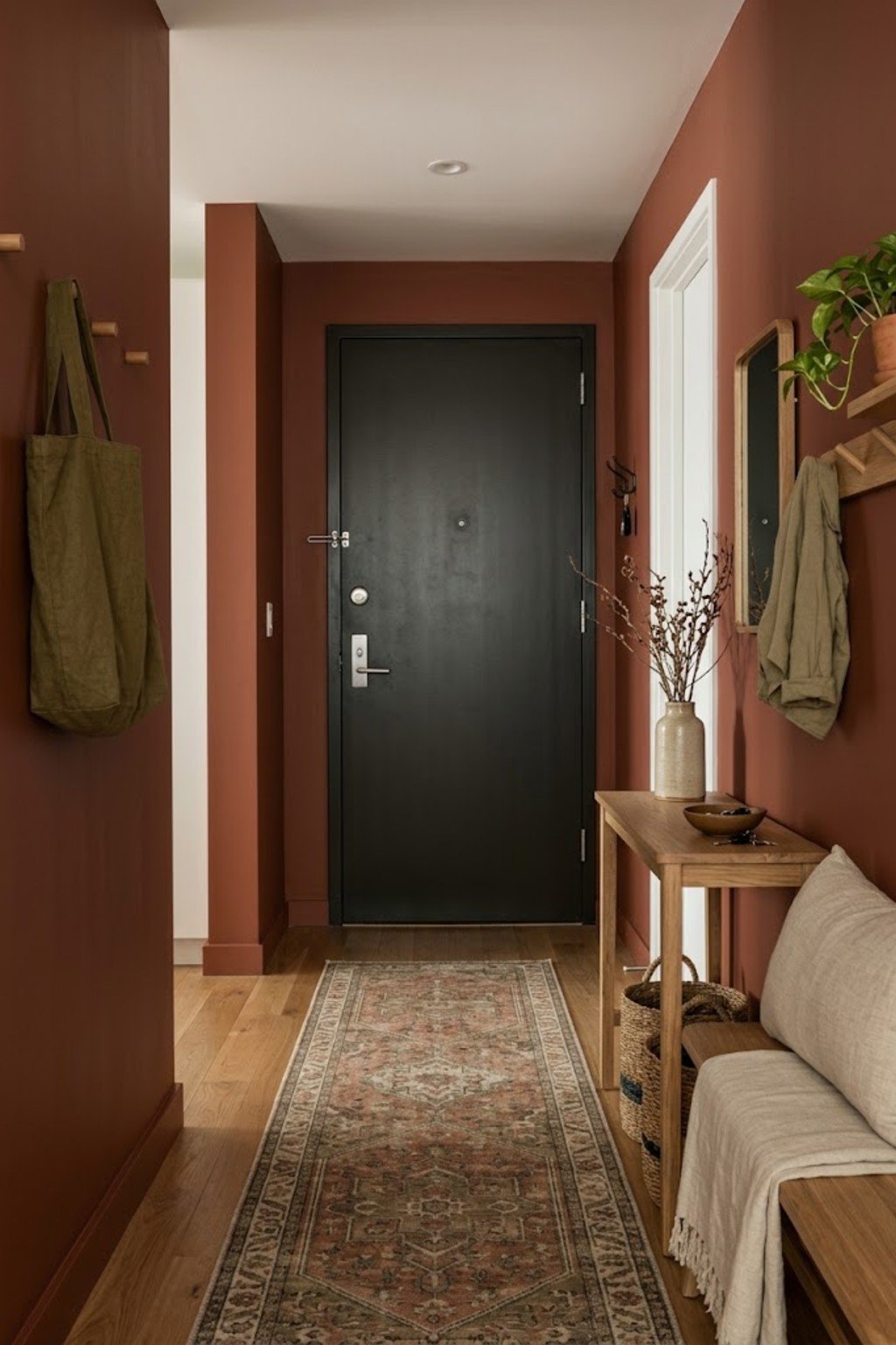 Use a long runner rug in a small apartment entryway