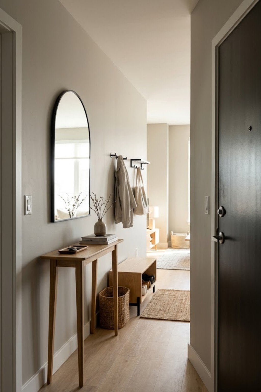 Hang a mirror on the side wall in a small apartment entryway