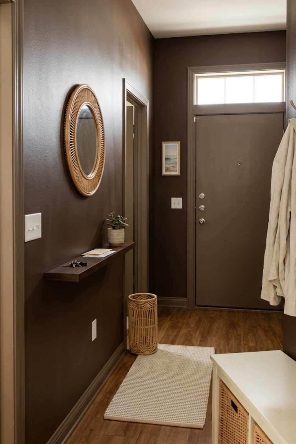 Install a slim floating shelf in a small apartment entryway