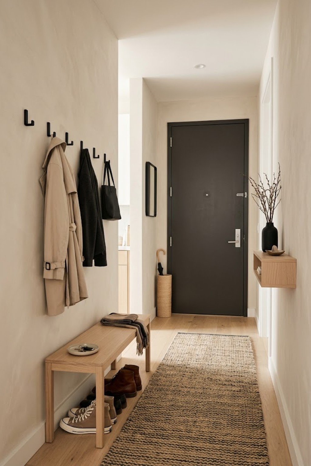 Hang hooks in a row in a small apartment entryway