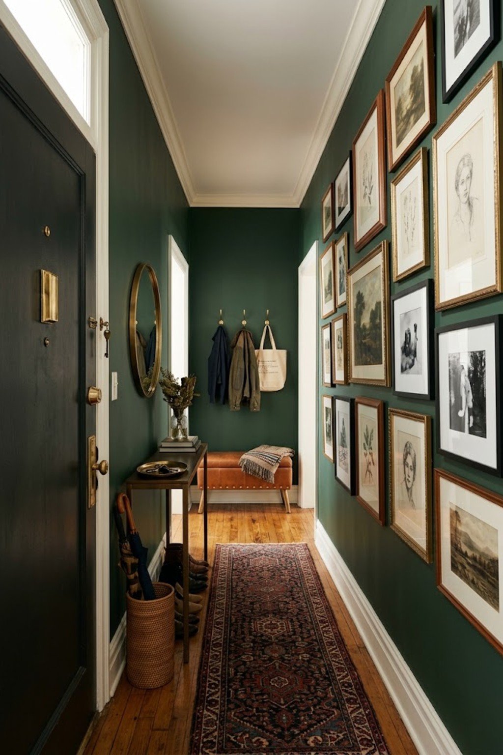 Use a gallery wall to lengthen in a small apartment entryway