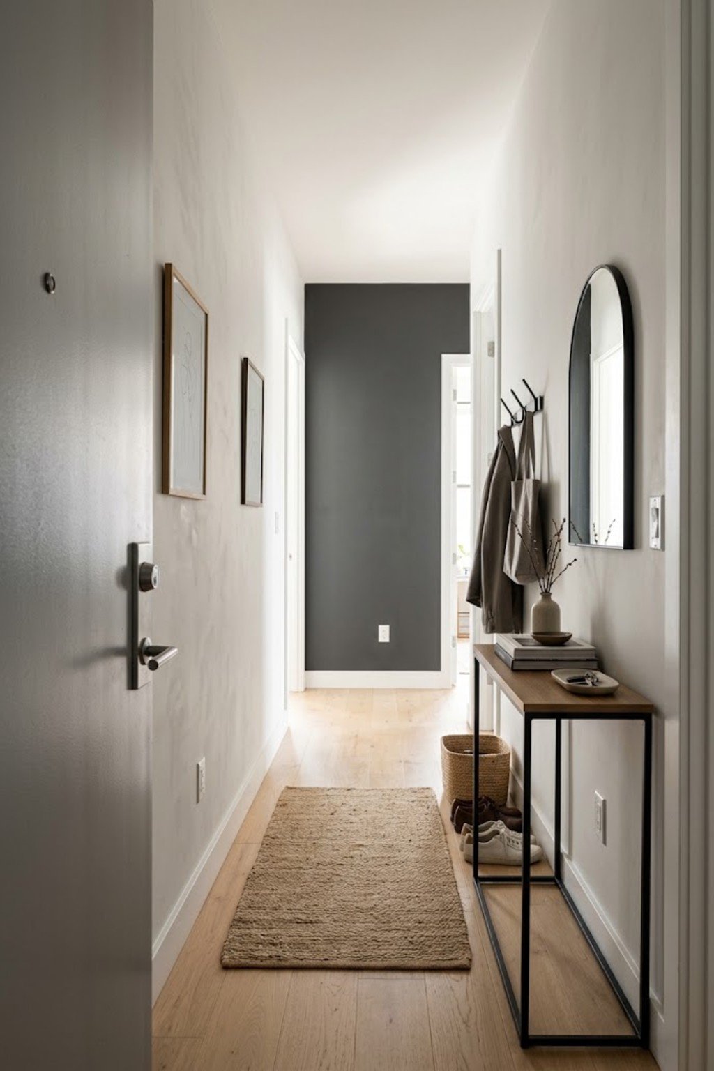 Paint the end wall a darker color in a small apartment entryway