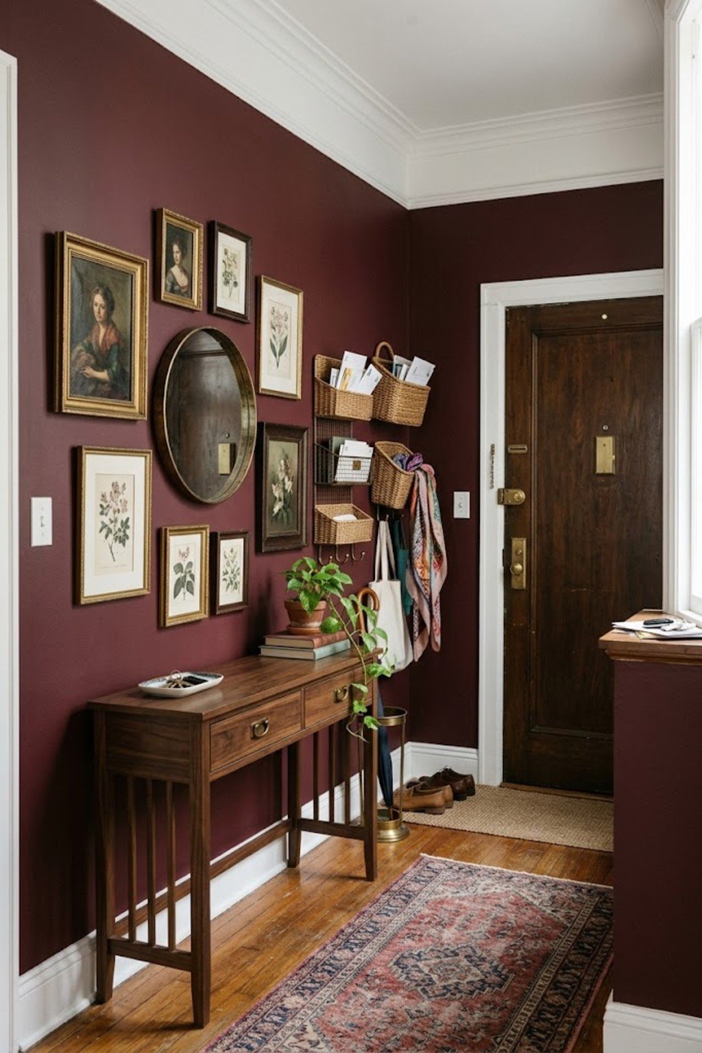Use wall-mounted baskets in a small apartment entryway
