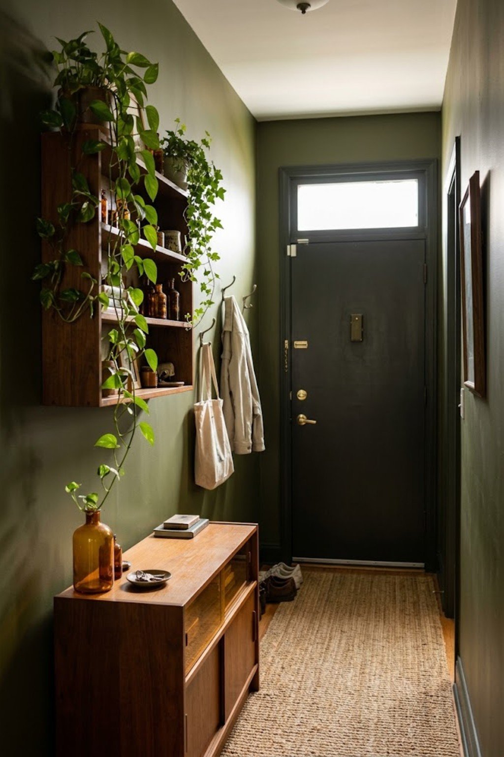 Add plants on a wall shelf in a small apartment entryway