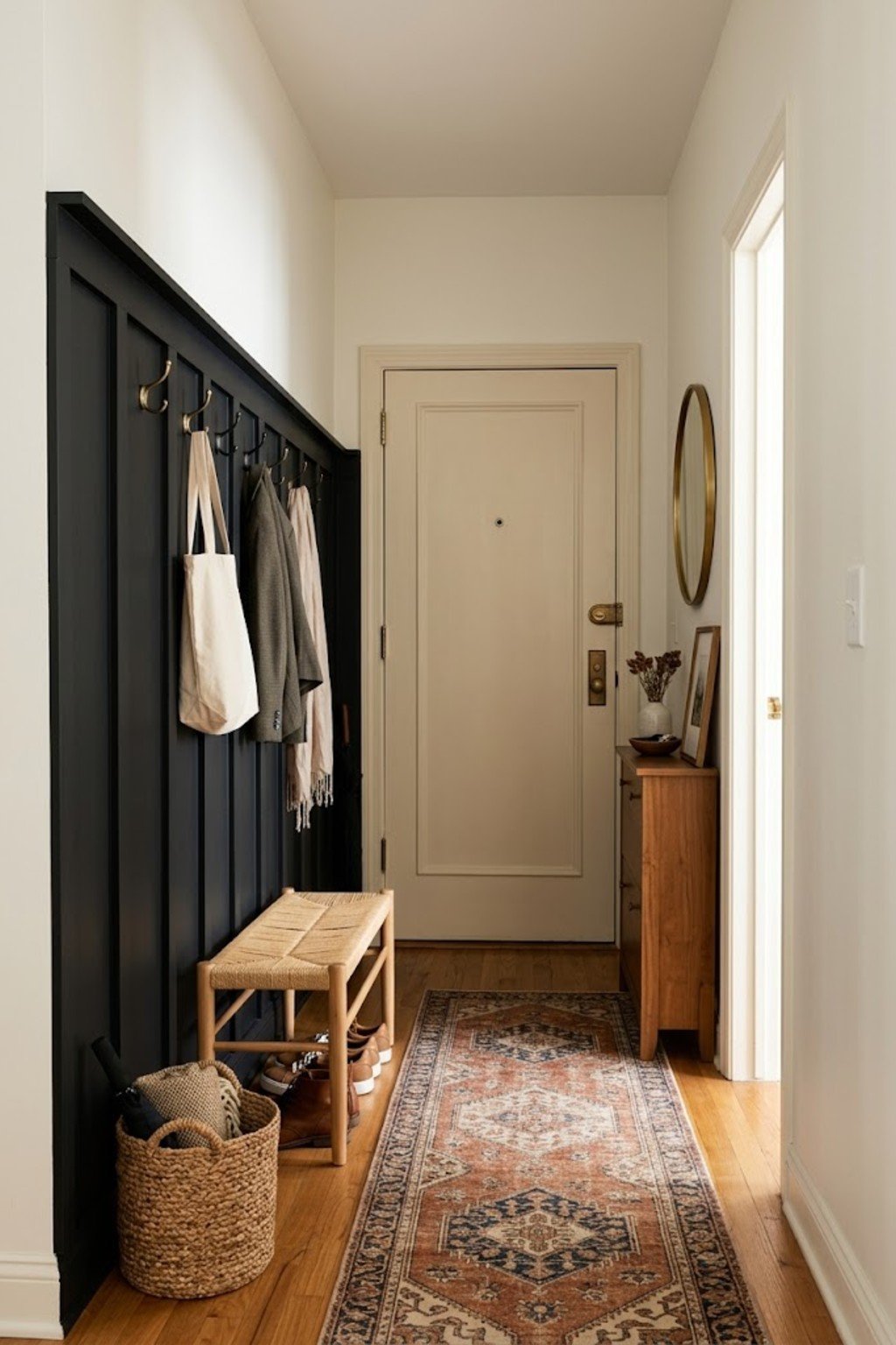 Hang vertical stripes or panels in a small apartment entryway