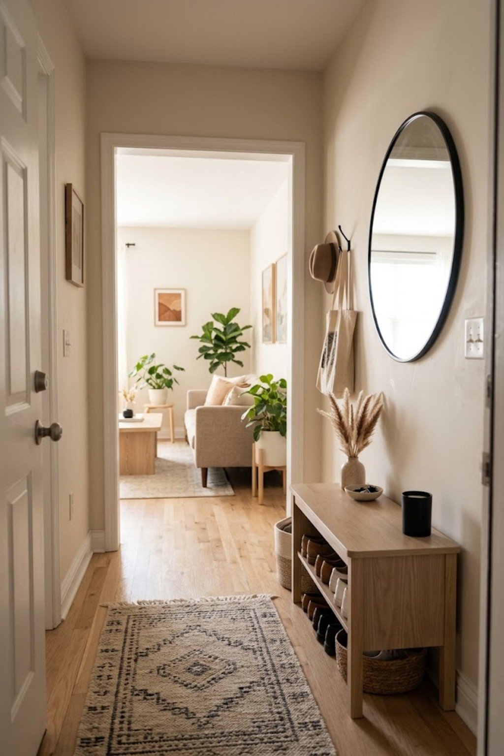 Put down an entry rug in a small apartment entryway