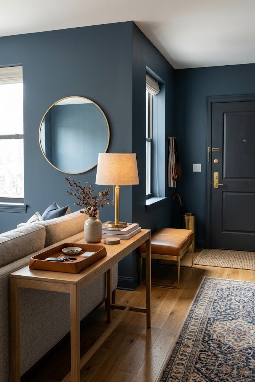 Place a console behind the sofa in a small apartment entryway
