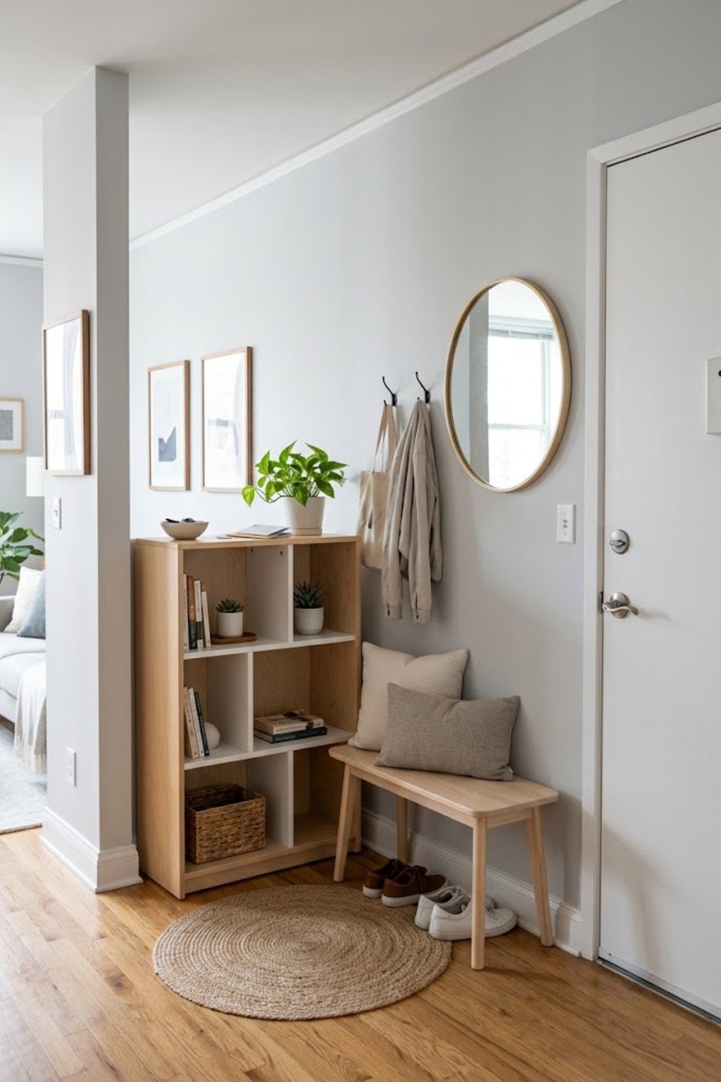 Use a bookcase as a divider in a small apartment entryway