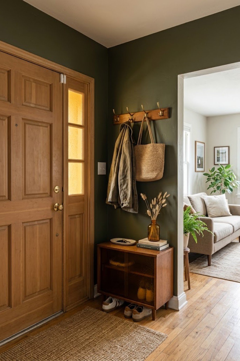 Hang hooks on the wall by the door in a small apartment entryway