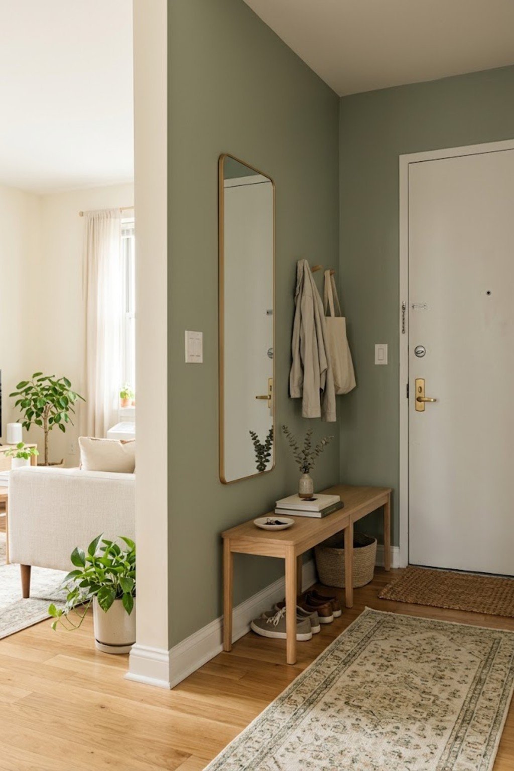Add a mirror on the nearest wall in a small apartment entryway