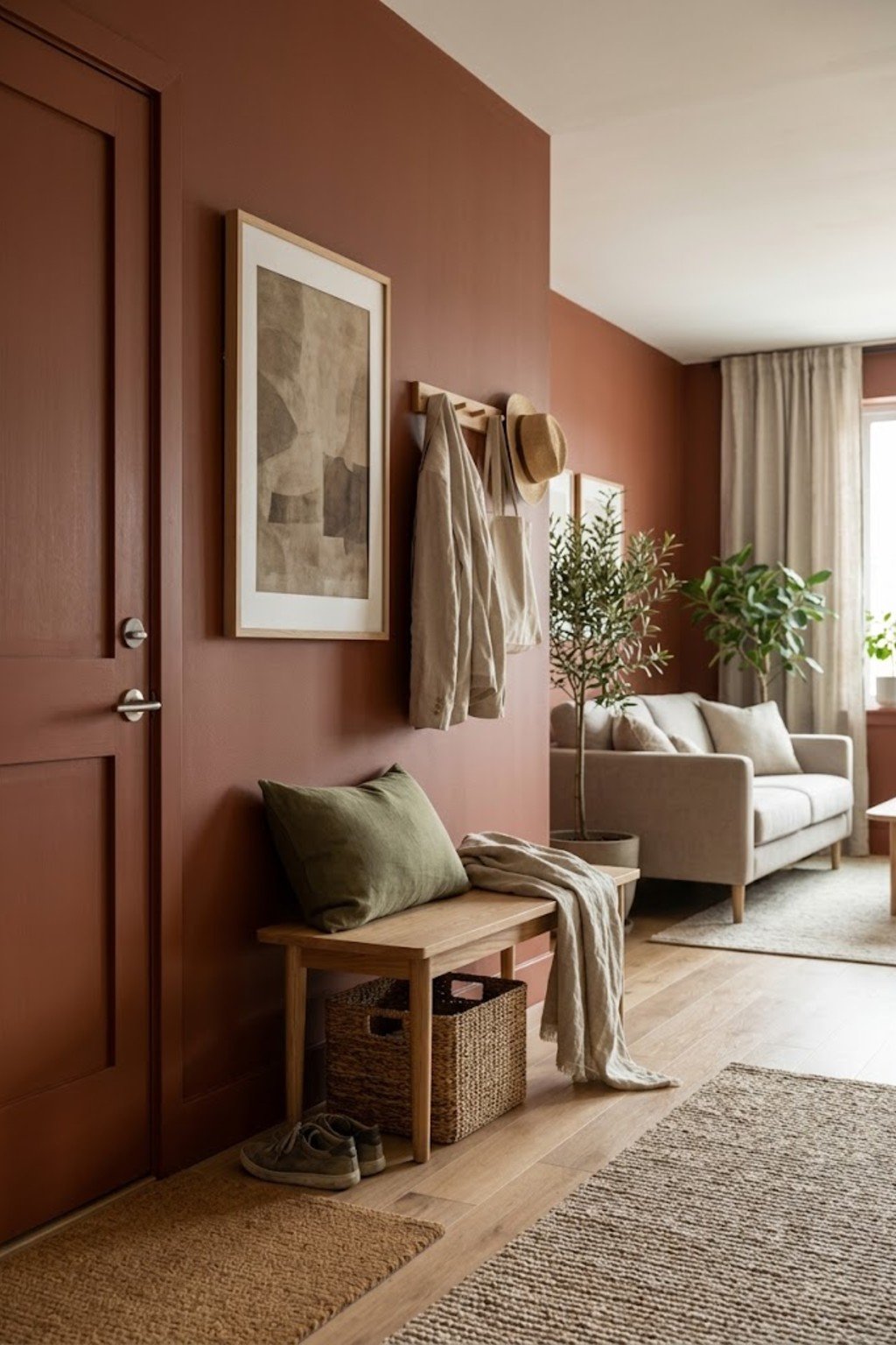 Use a small bench by the door in a small apartment entryway