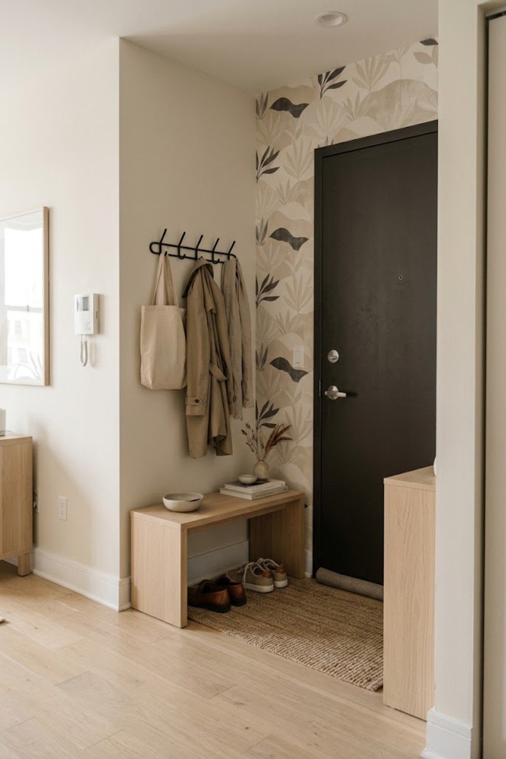 Paint or wallpaper a door wall panel in a small apartment entryway