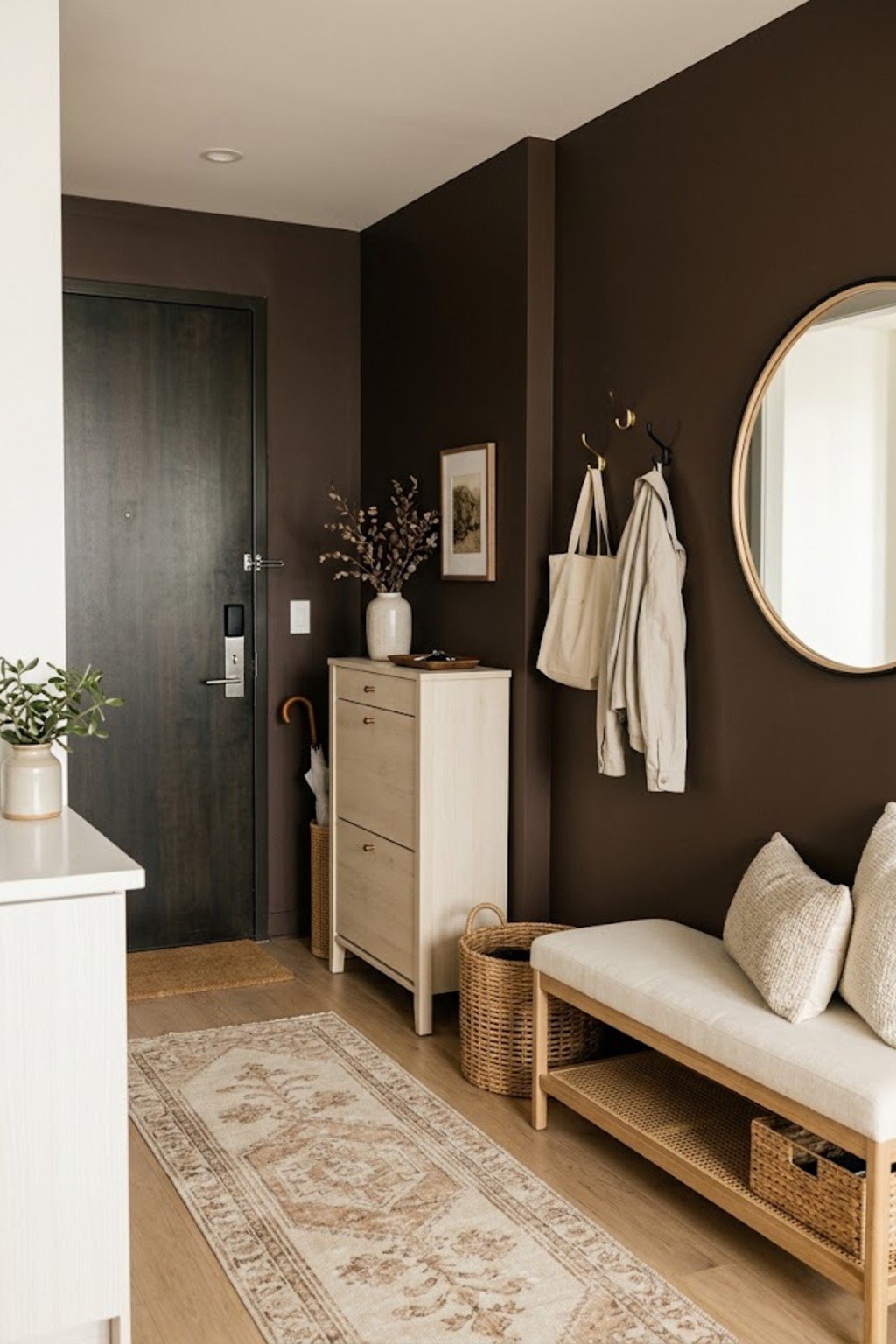 Use a shoe cabinet as a mini wall in a small apartment entryway