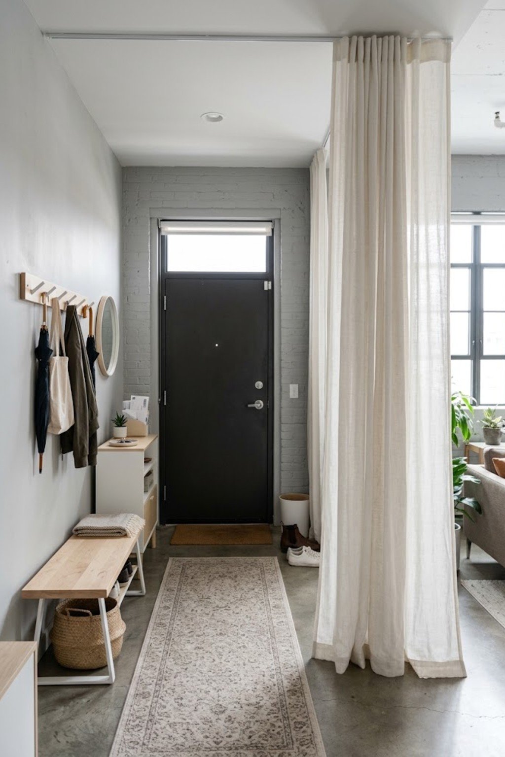 Hang a curtain divider in a small apartment entryway