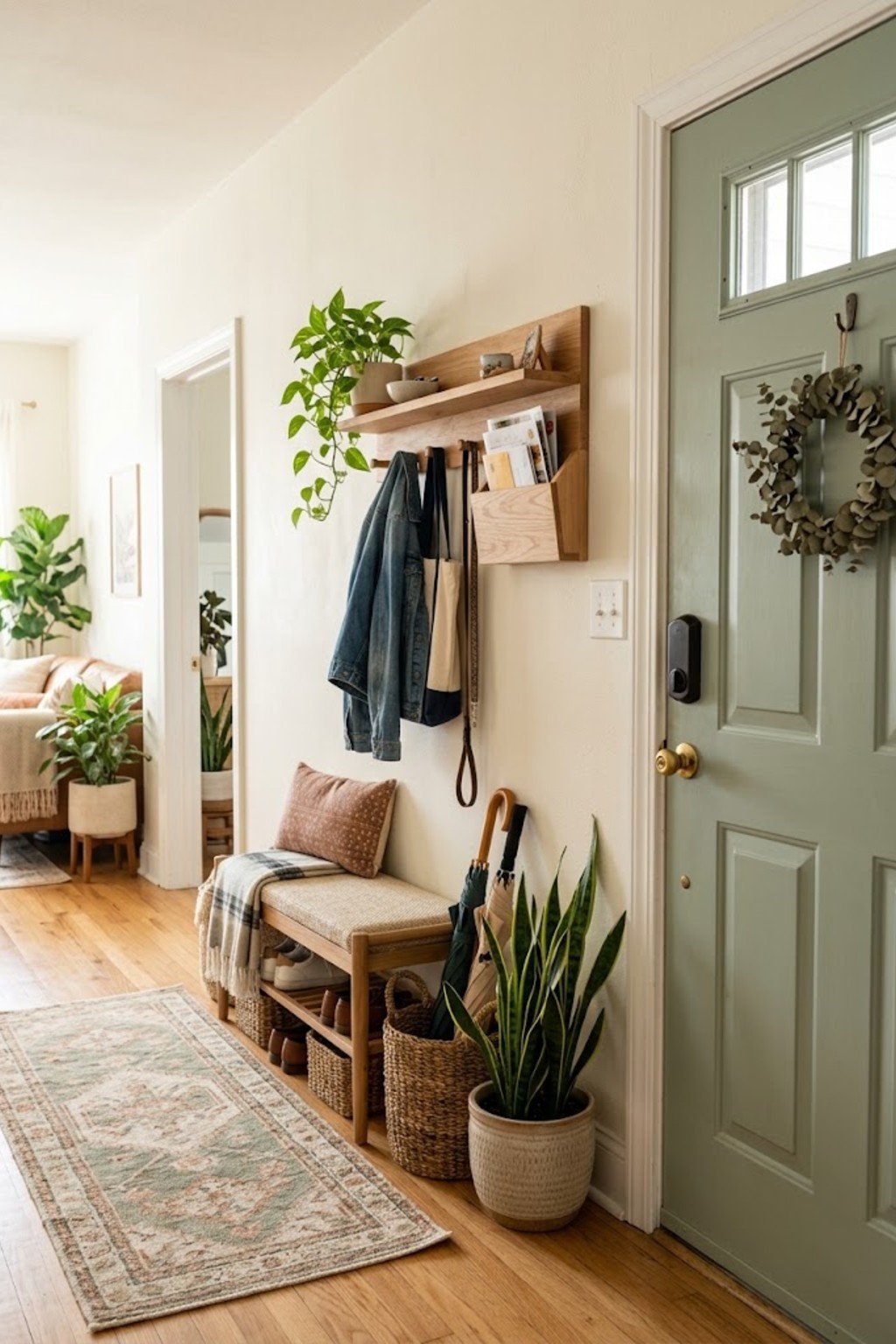 Create a wall-mounted drop station in a small apartment entryway