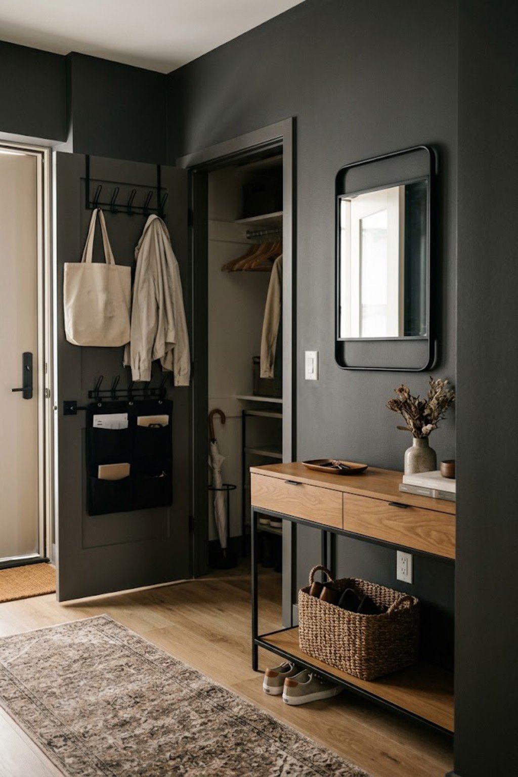 Use a coat closet door as storage in a small apartment entryway
