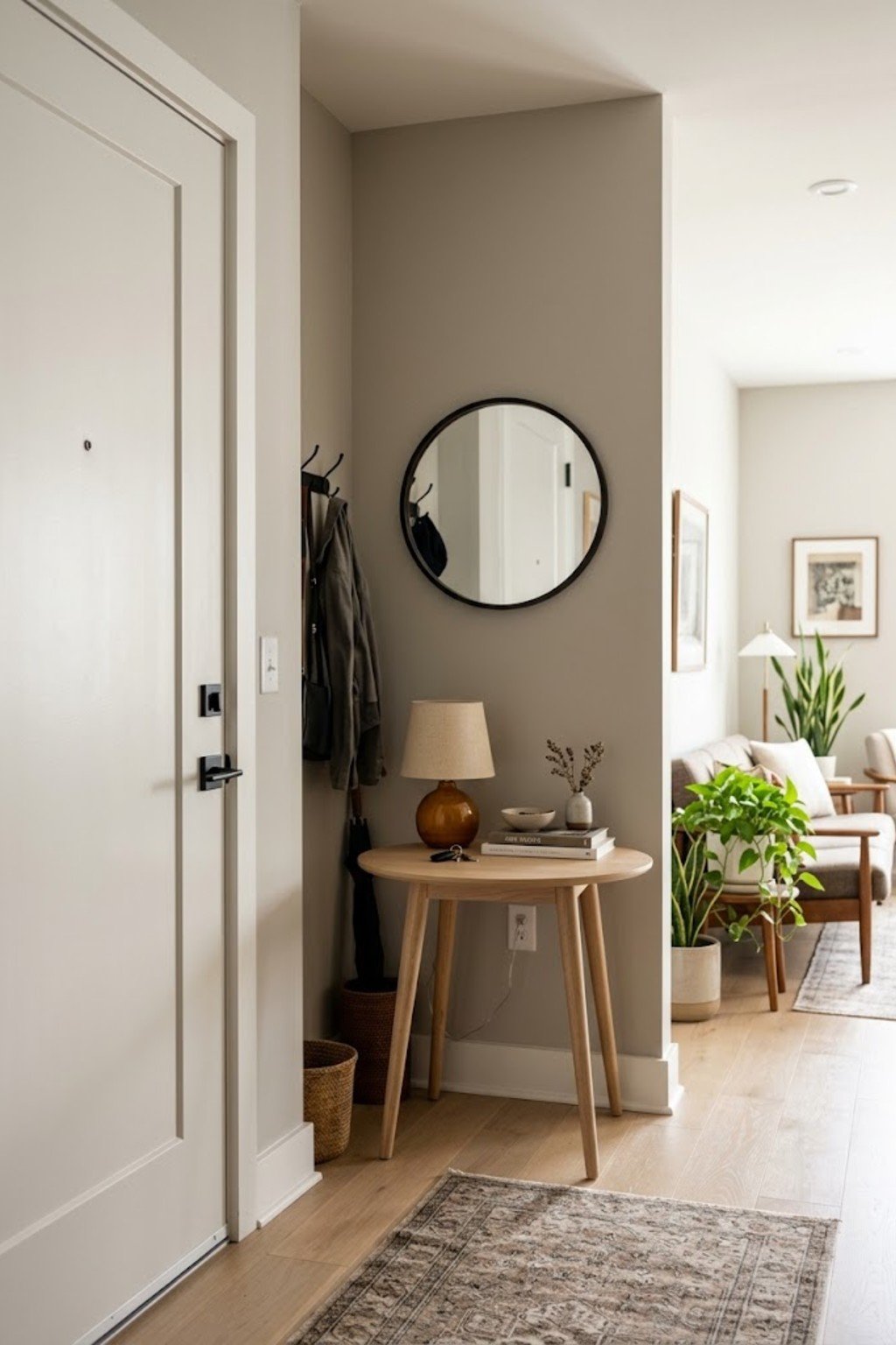Style a small entry table with a lamp in a small apartment entryway