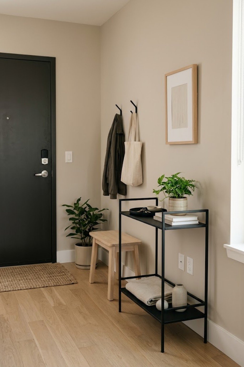 Use a slim bar cart as an entry table in a small apartment entryway