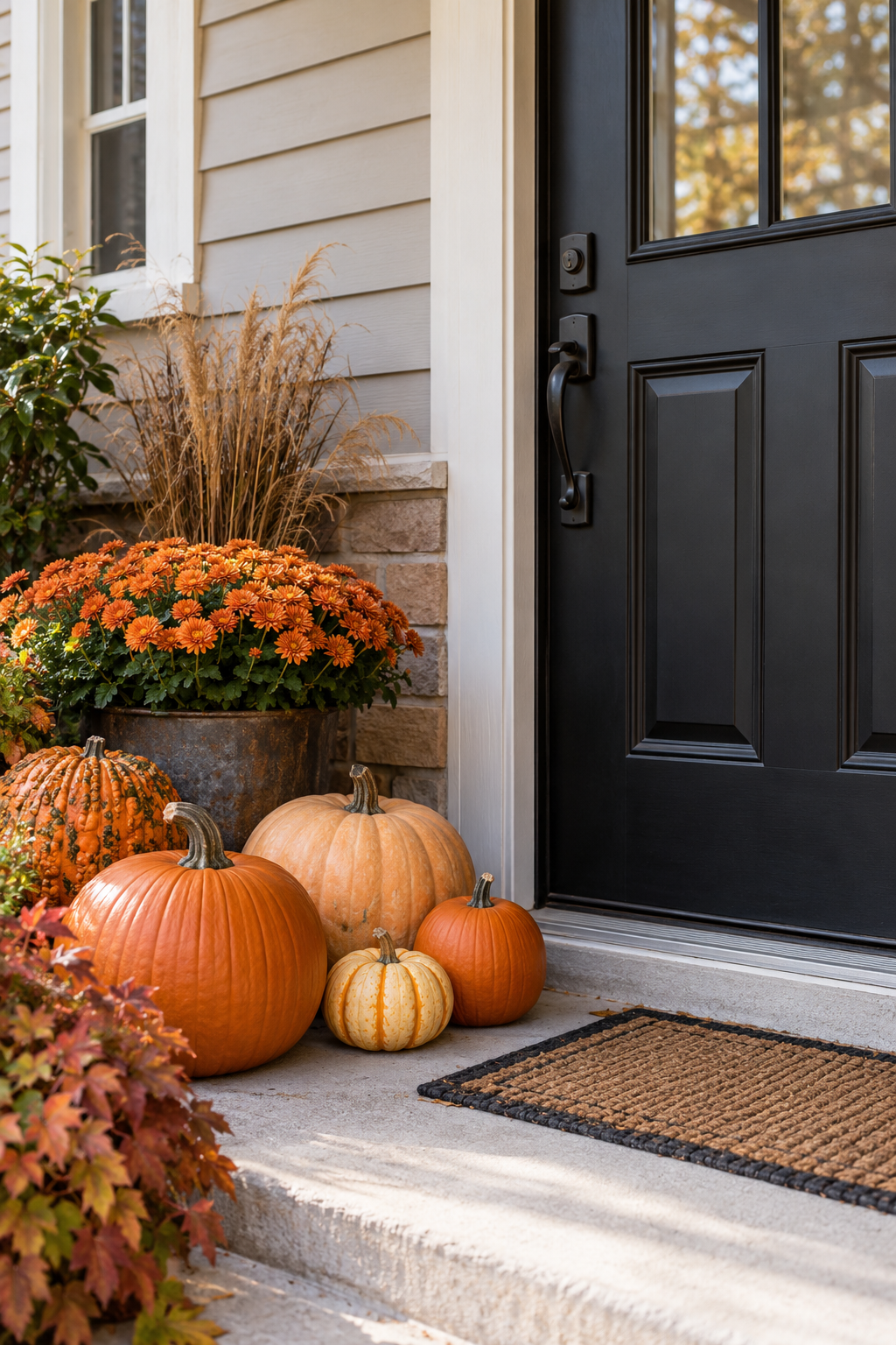 Pumpkins grouped beside a clear private entrance