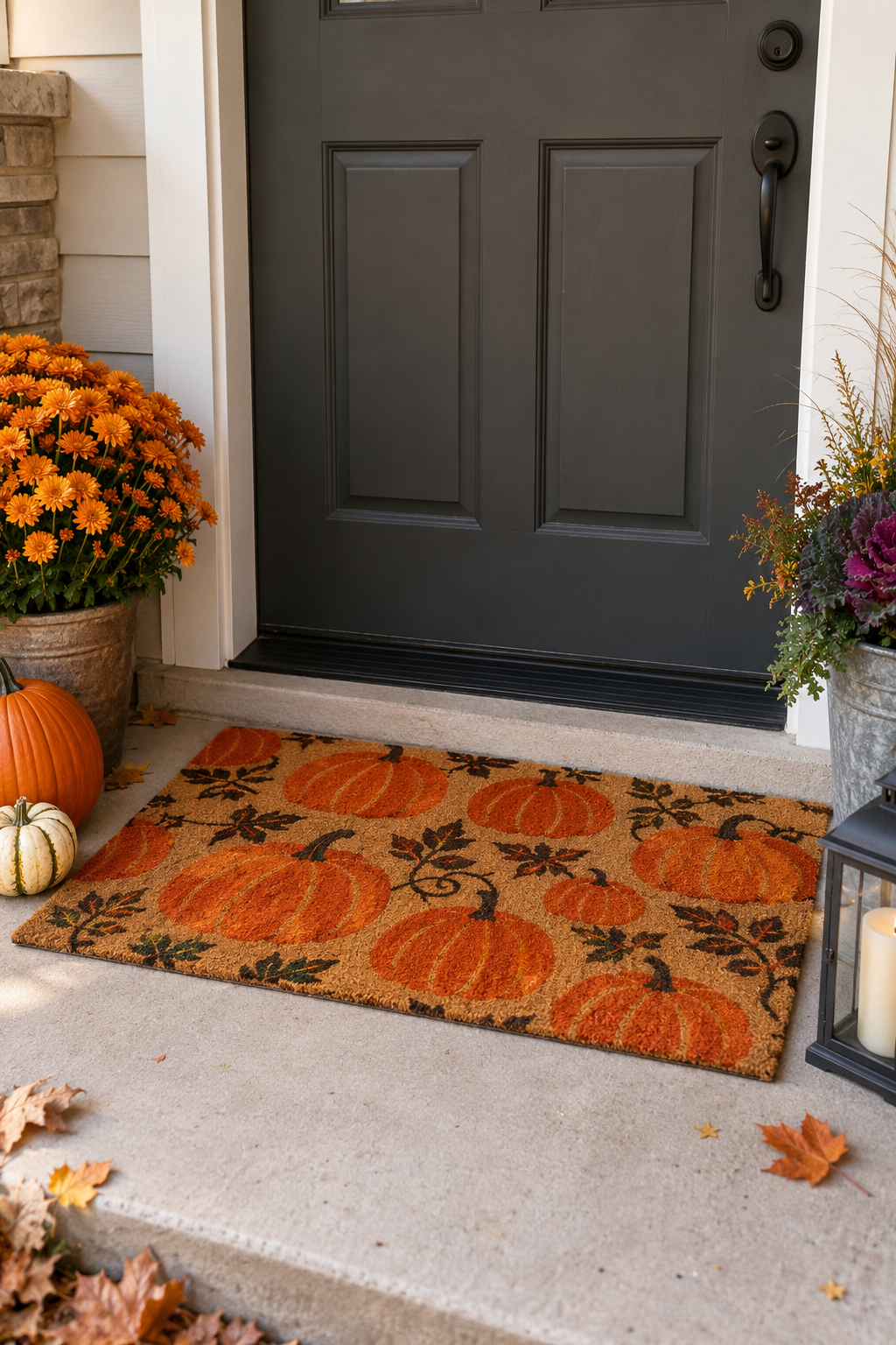 Flat pumpkin patterned mat at a private doorway