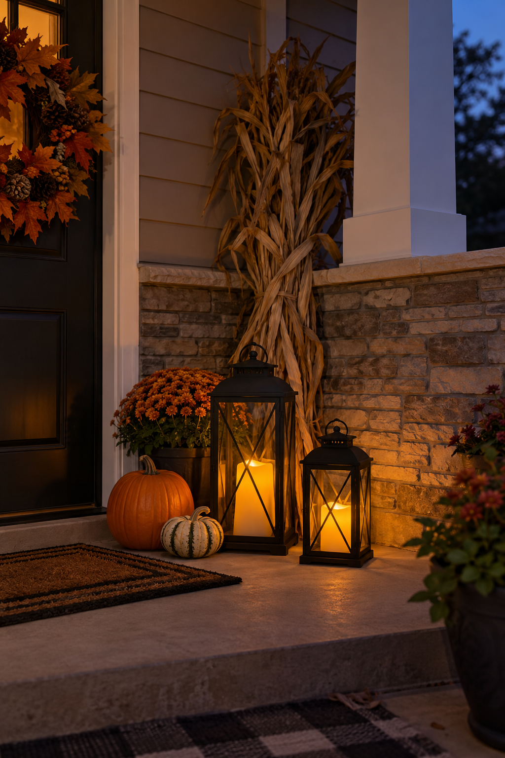 LED lanterns in a sheltered porch corner