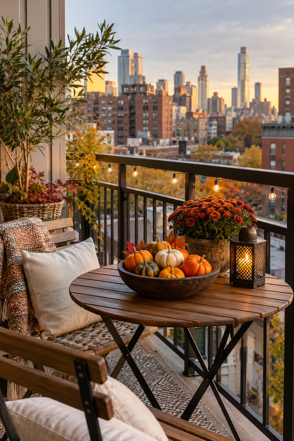 Bowl of miniature pumpkins on a balcony table
