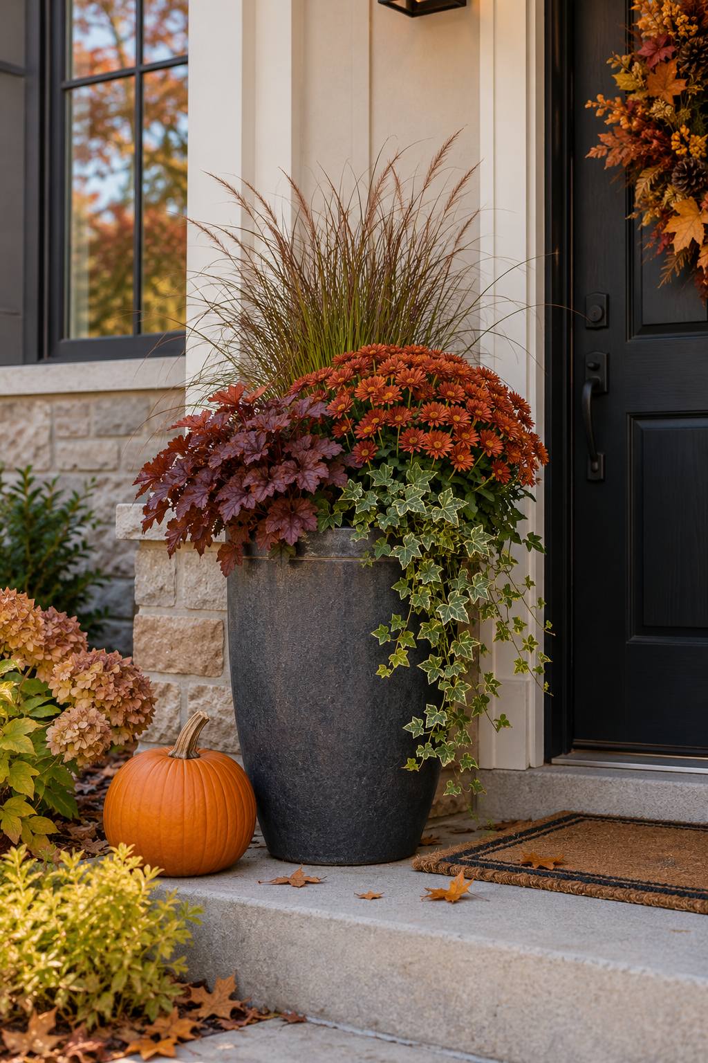 Autumn planter with a small pumpkin beside the foliage