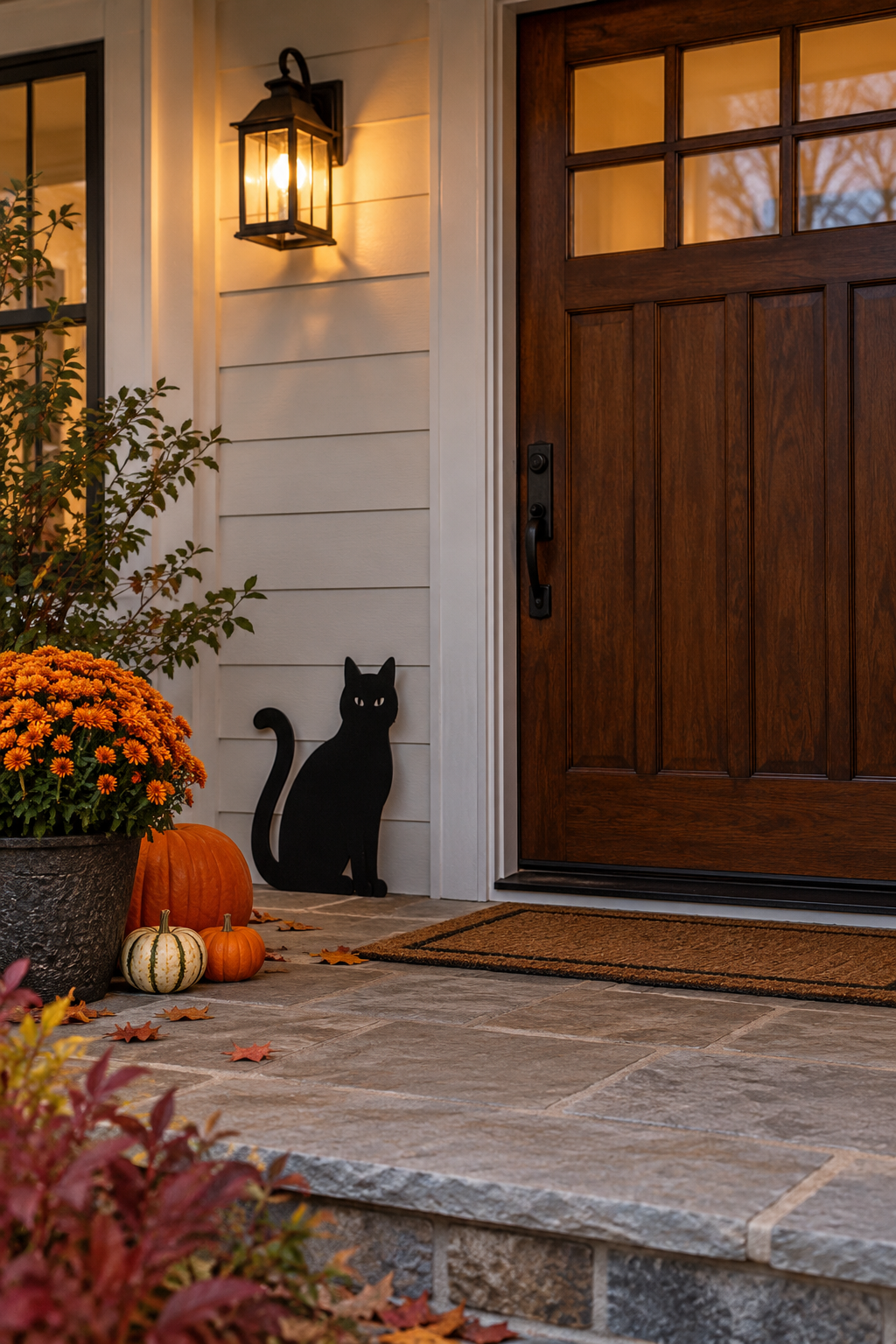 Black cat silhouette beside a private porch door