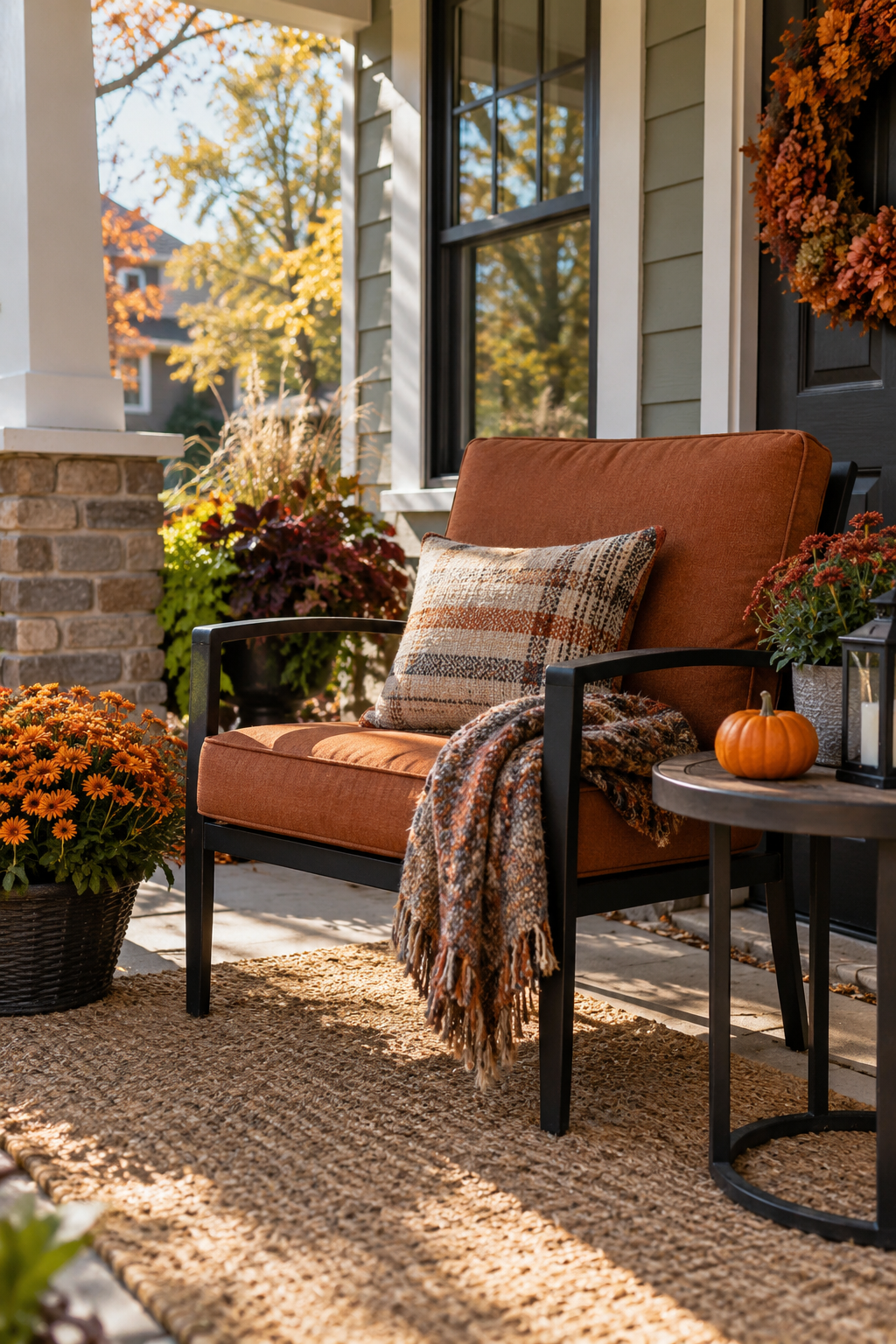 Porch chair with a rust cushion and small pumpkin