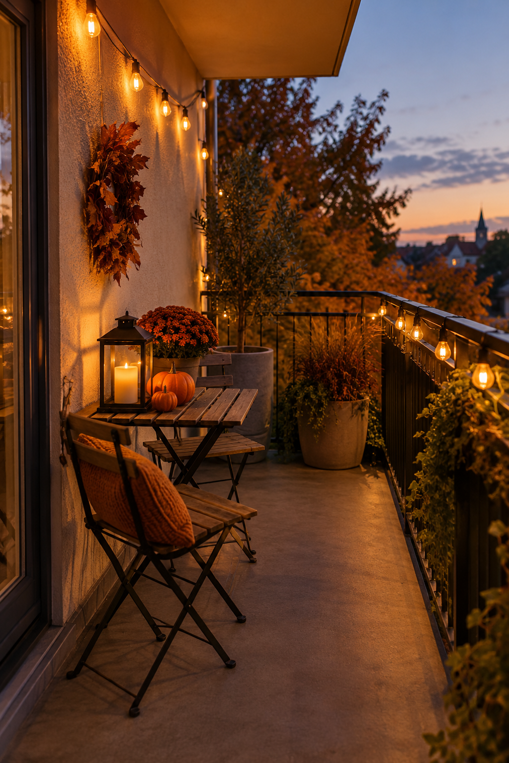 Warm string lights around a small private balcony