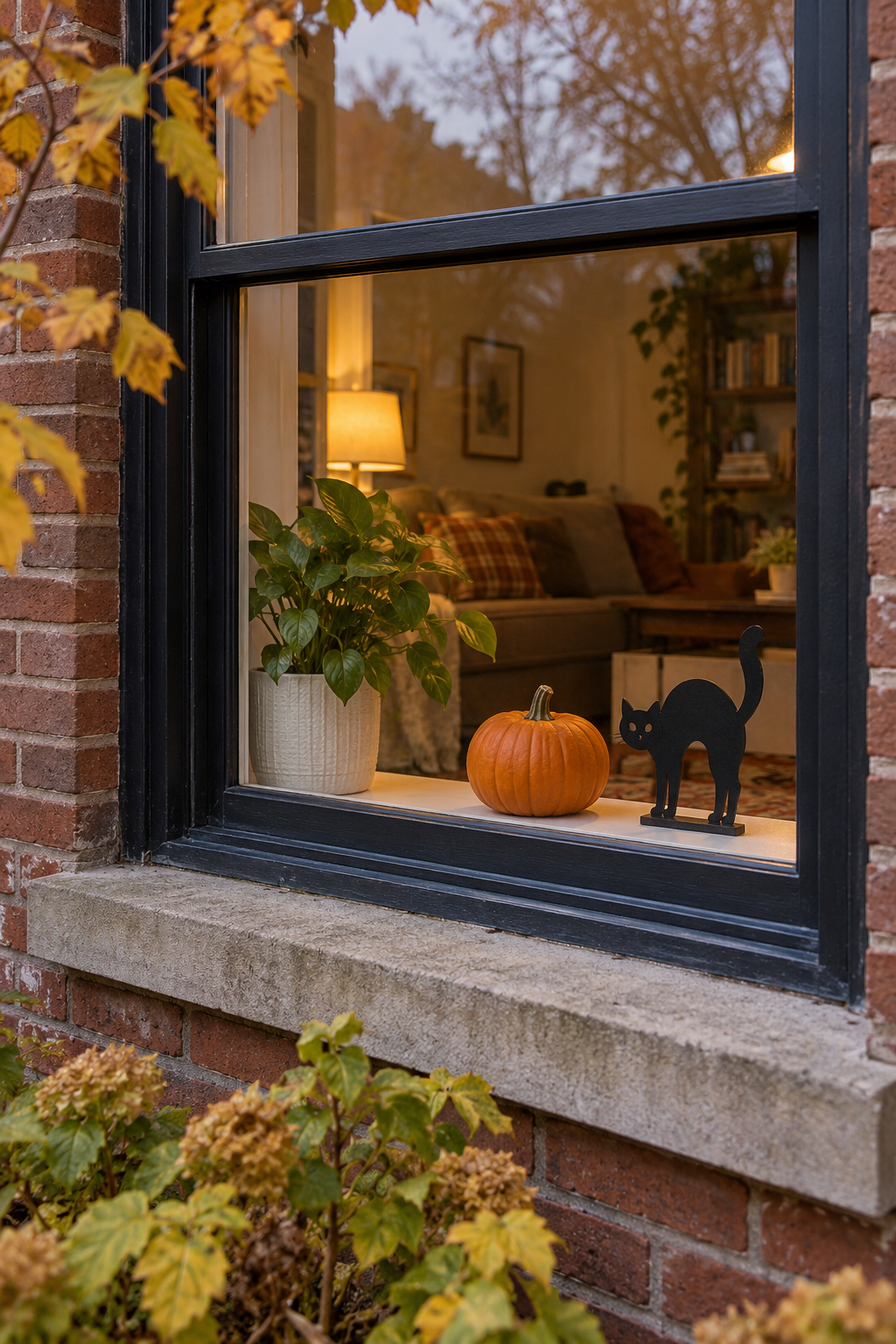 Pumpkin and cat silhouette on an interior window sill