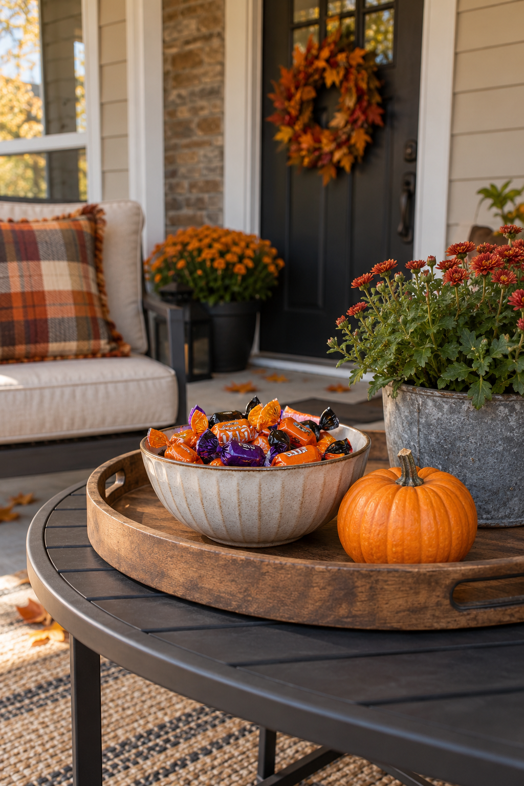 Tray with a candy bowl and pumpkin on a covered porch table