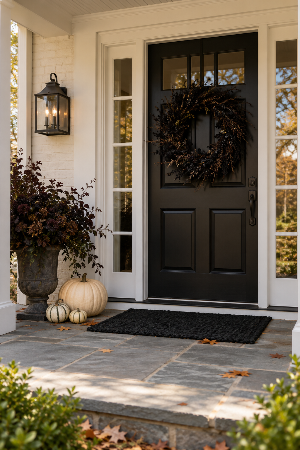 Cream pumpkins and a dark wreath at a private entrance