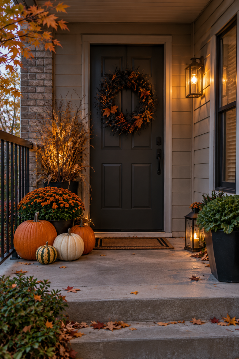 Small private porch with Halloween wreath pumpkins and warm lighting