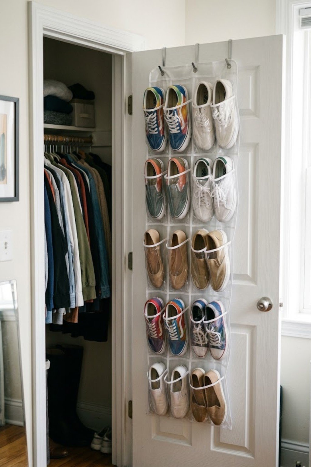 Clear pocket shoe organizer on the back of a closet door