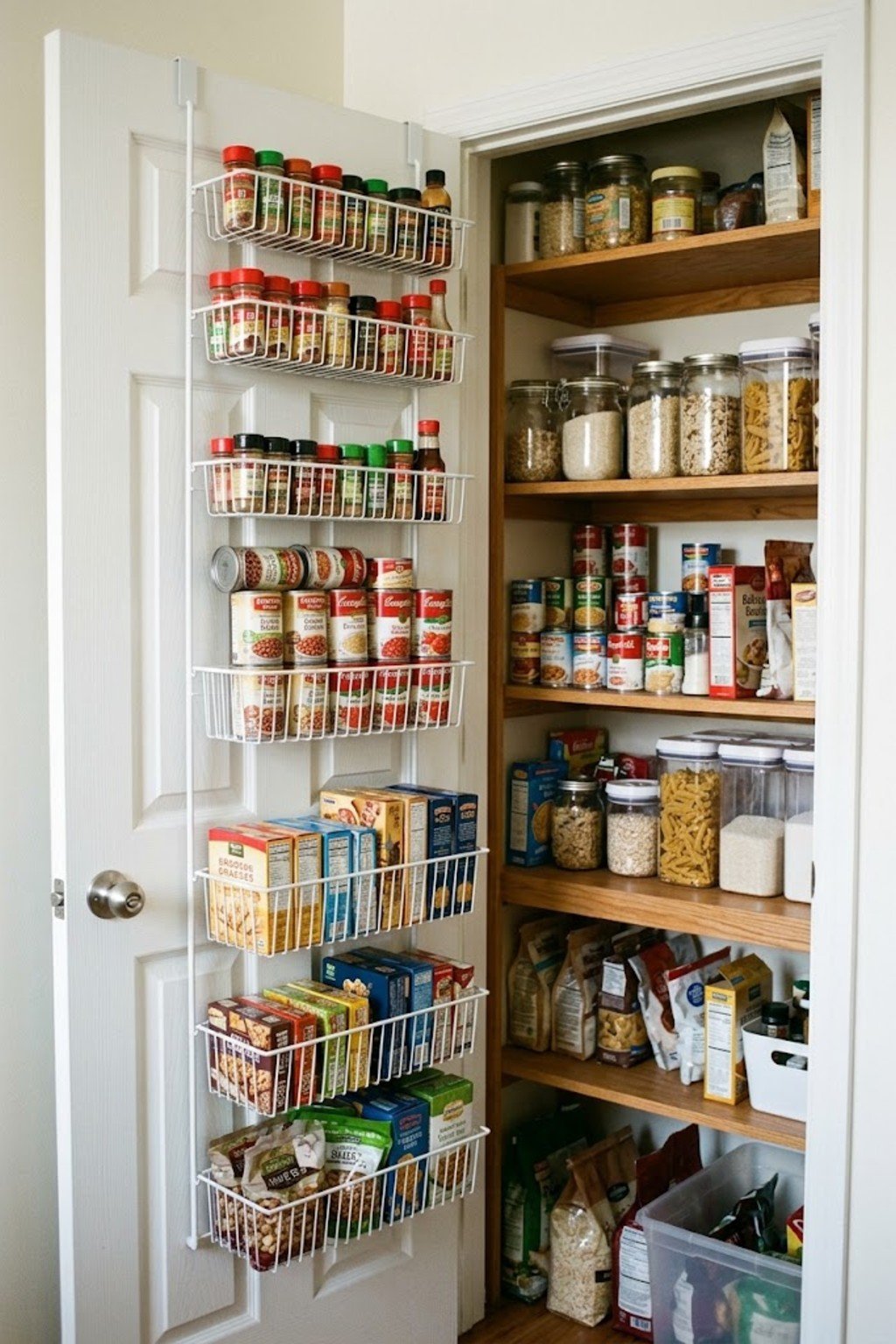White wire pantry rack with spices and cans on a pantry door