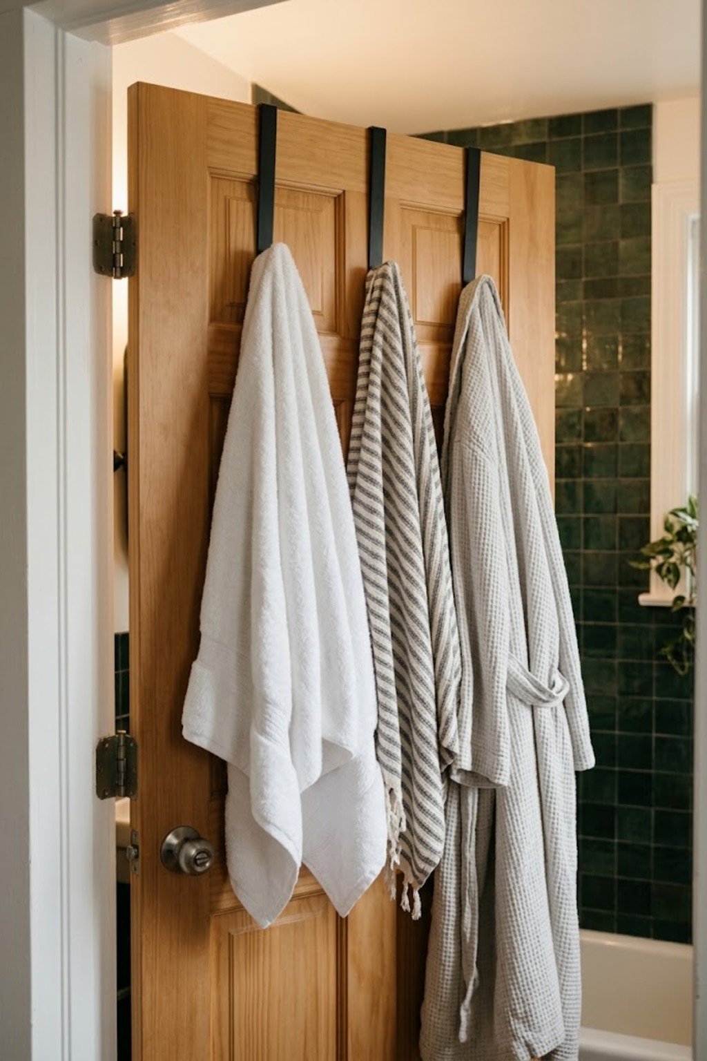 Black over-the-door hooks holding towels and a robe on a bathroom door