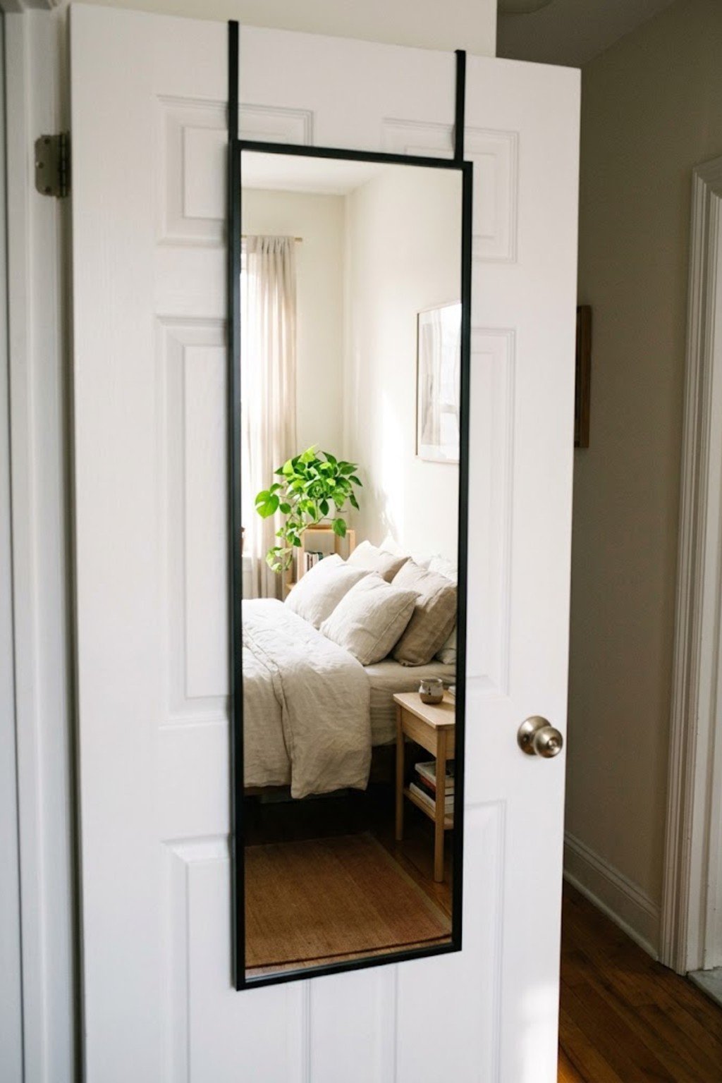 Full-length mirror hanging on the back of a bedroom door