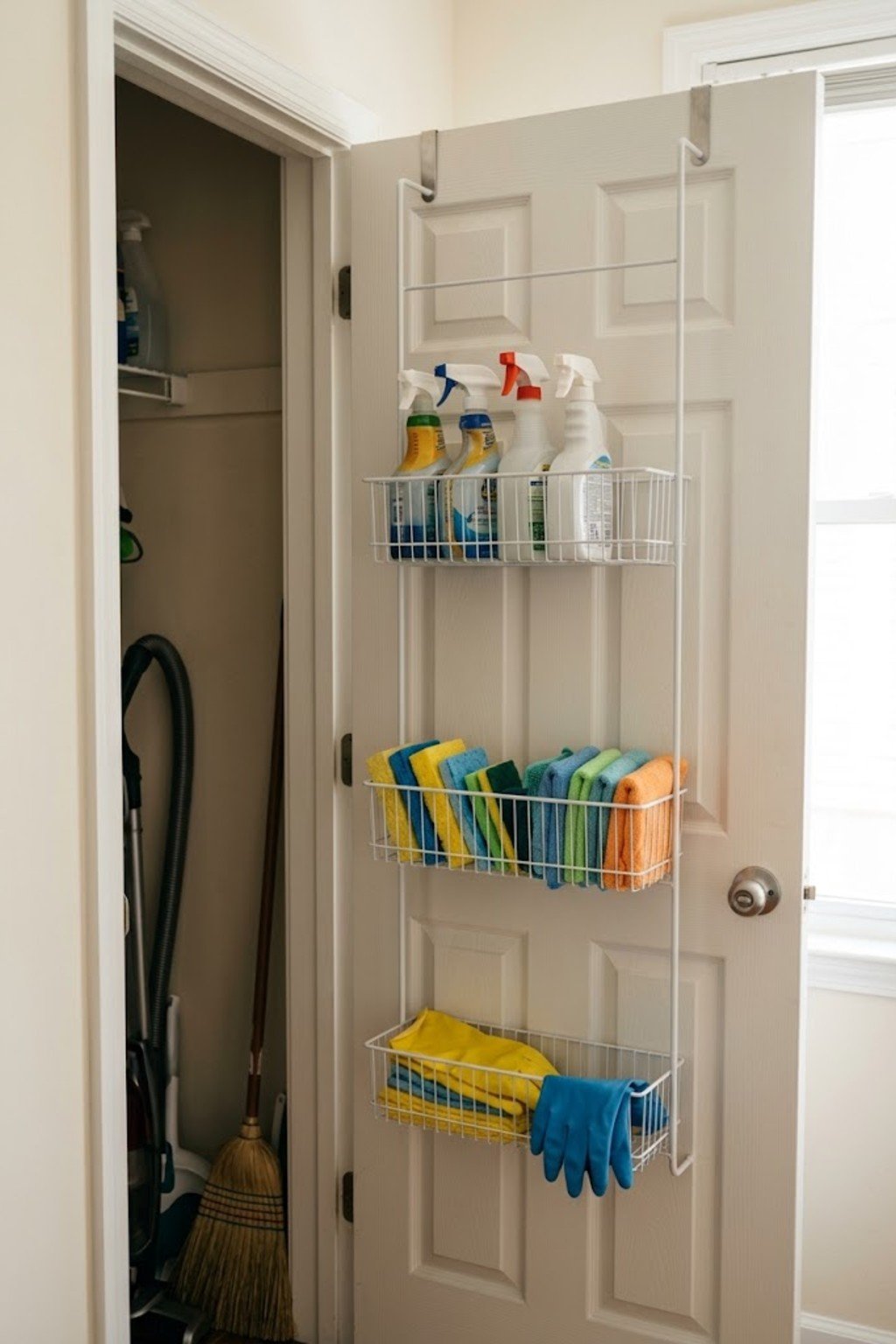 Basket rack holding cleaning supplies on a utility door