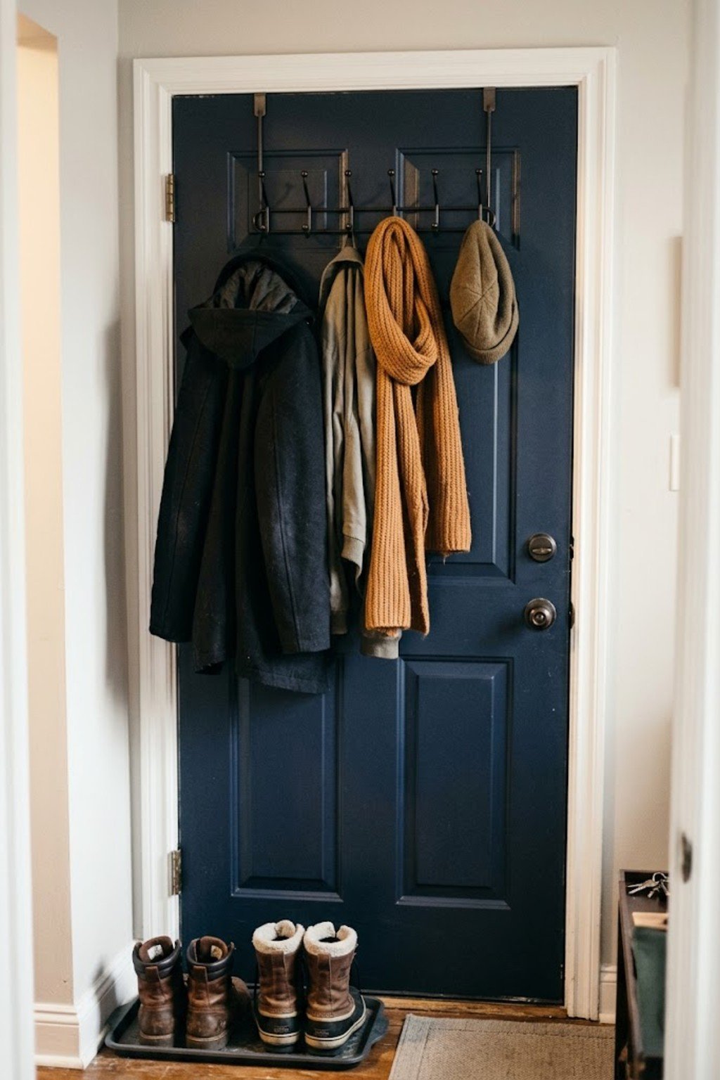 Over-the-door hook rack holding winter coats on a navy front door