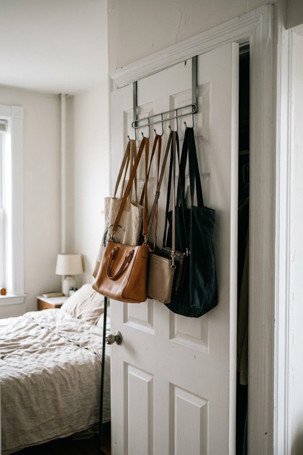 Handbags hanging on S-hooks on the back of a closet door