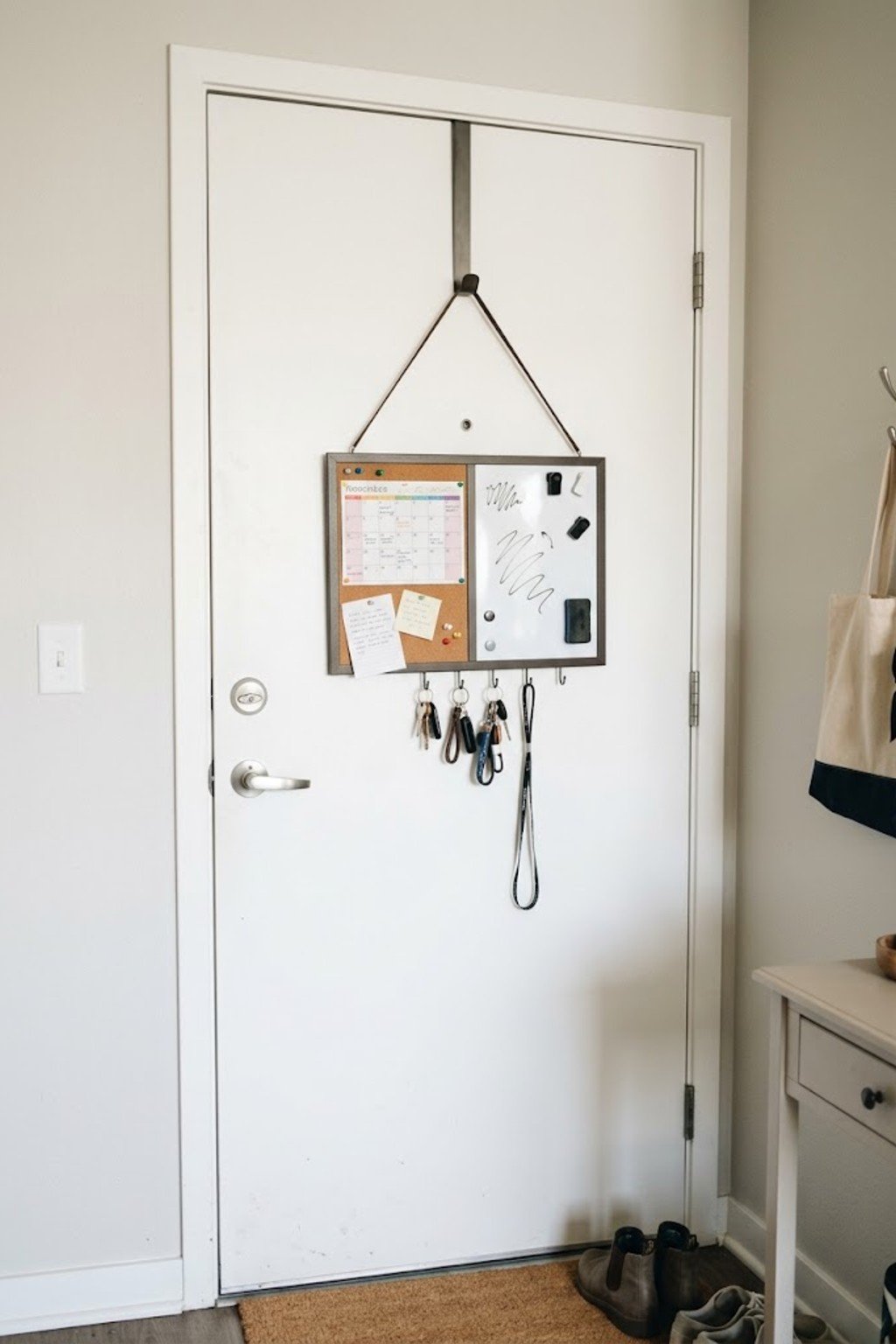 Message board and calendar hanging on the inside of a front door