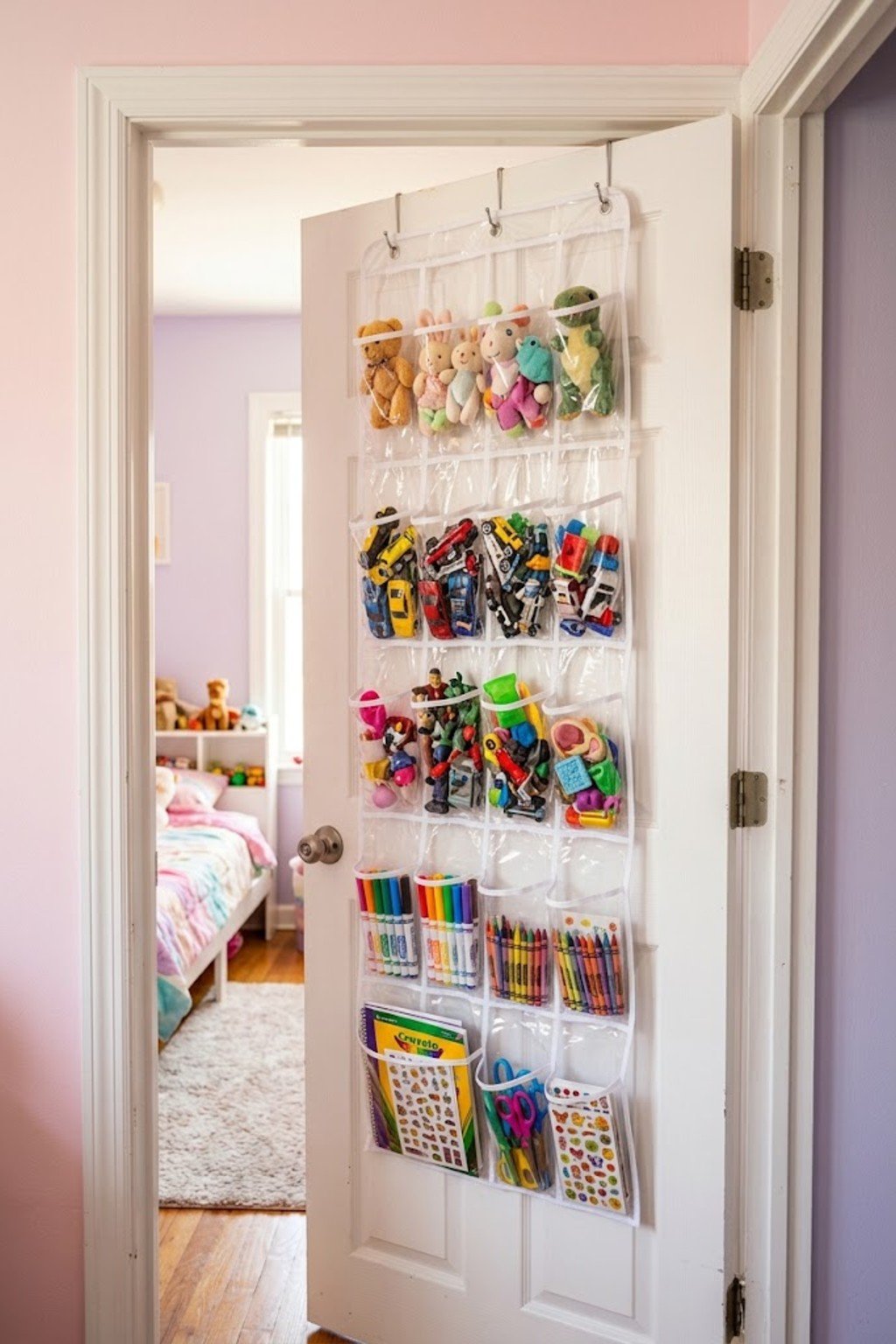 Clear pocket organizer filled with toys on a kids bedroom door