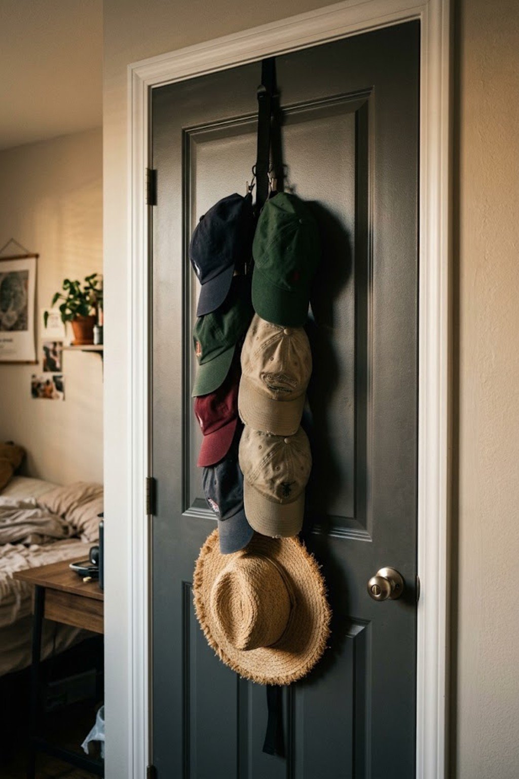 Caps and hats hanging on an over-the-door rack on a dark door