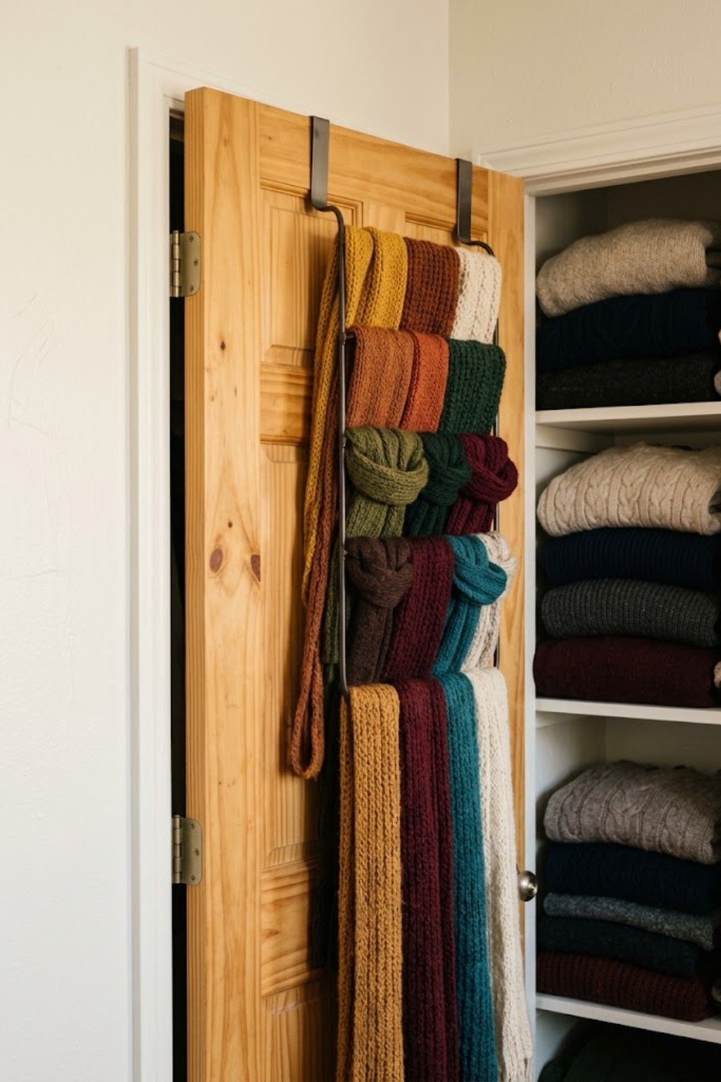 Knit scarves looped on an over-the-door rack on a wood closet door