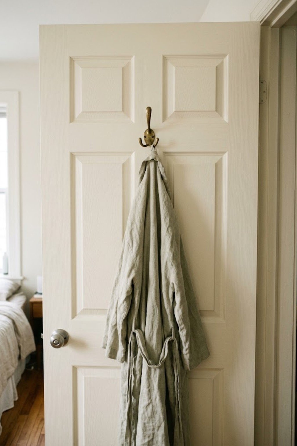 Single brass hook holding a linen robe on a cream door
