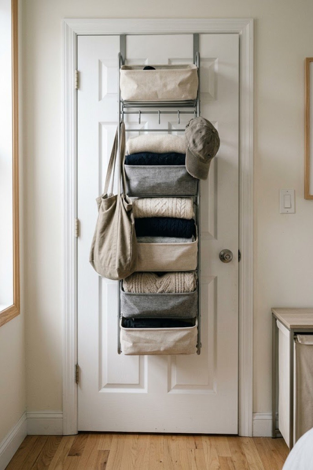 Over-the-door rack holding fabric bins, a hat and a tote bag on a white door