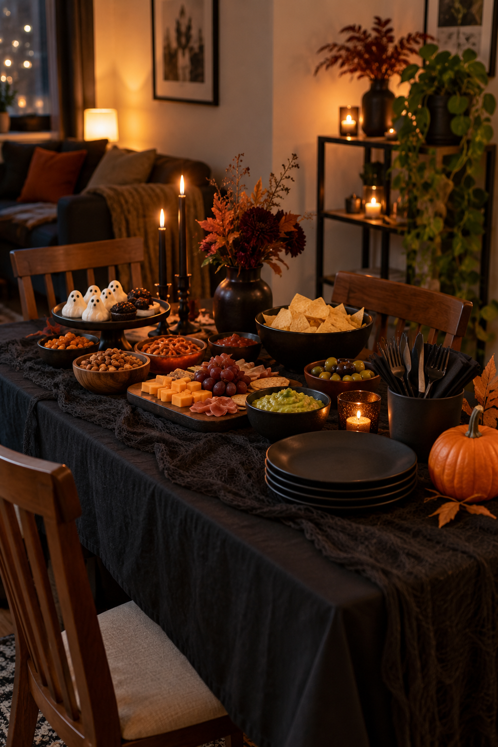 Halloween snack station with serving bowls and stacked plates